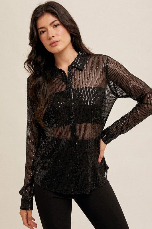 Black Sequin Button Down Shirt