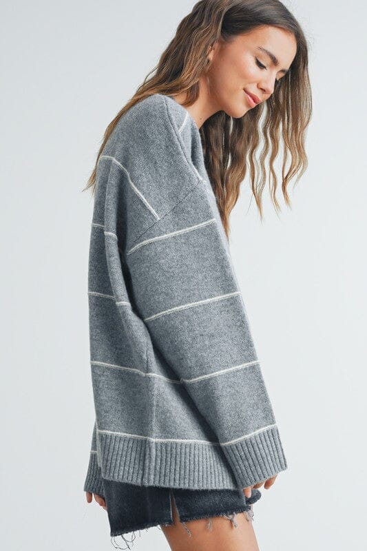 Grey Striped Drop Shoulder Sweater