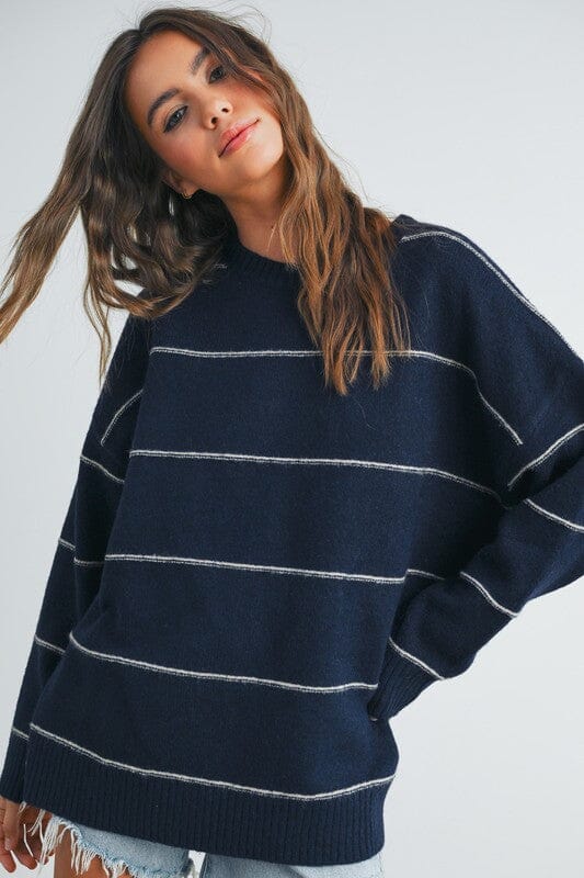 Navy Striped Drop Shoulder Sweater