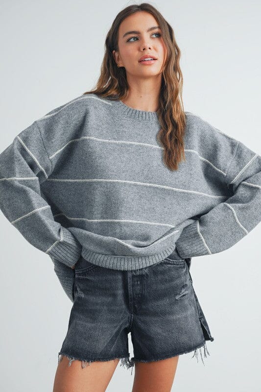 Grey Striped Drop Shoulder Sweater