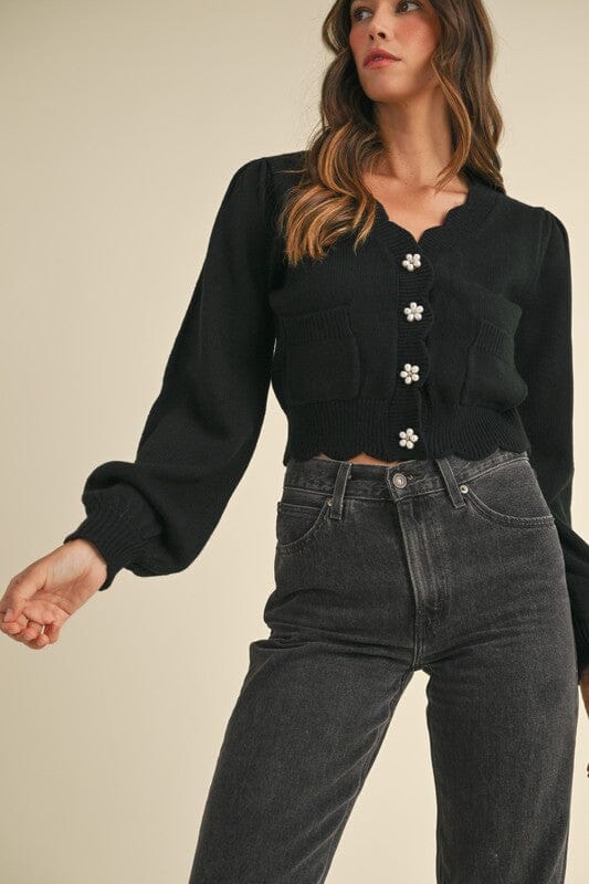 Black Scalloped Pearl Button Cardigan