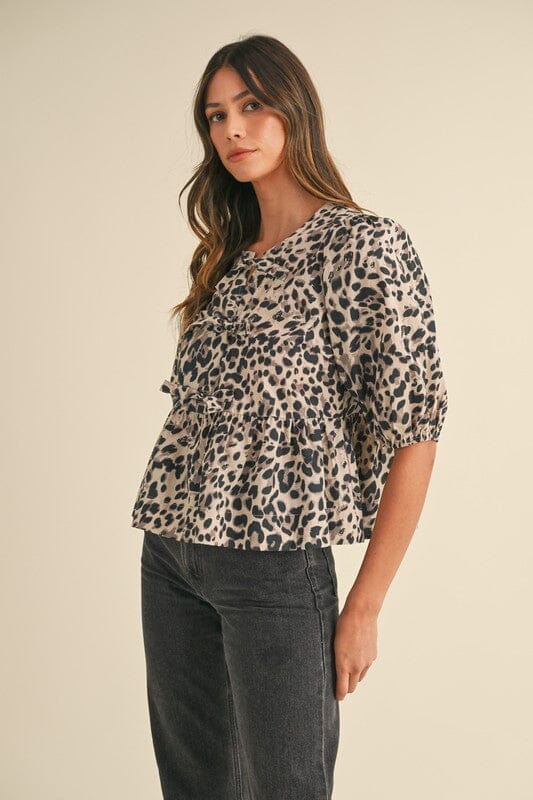 Leopard Puff Sleeve Peplum Top