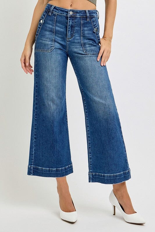 RISEN High Rise Ankle Wide Leg Patch Pocket Jeans