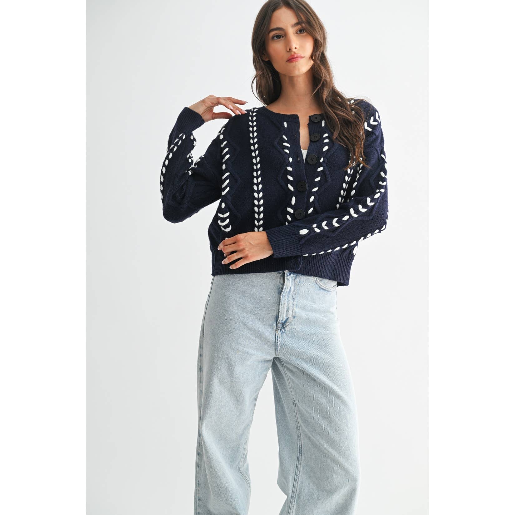 TORI RIBBON STITCH CABLE KNIT CARDIGAN : INDIGO/WHITE / S-M-L(3-2-1)