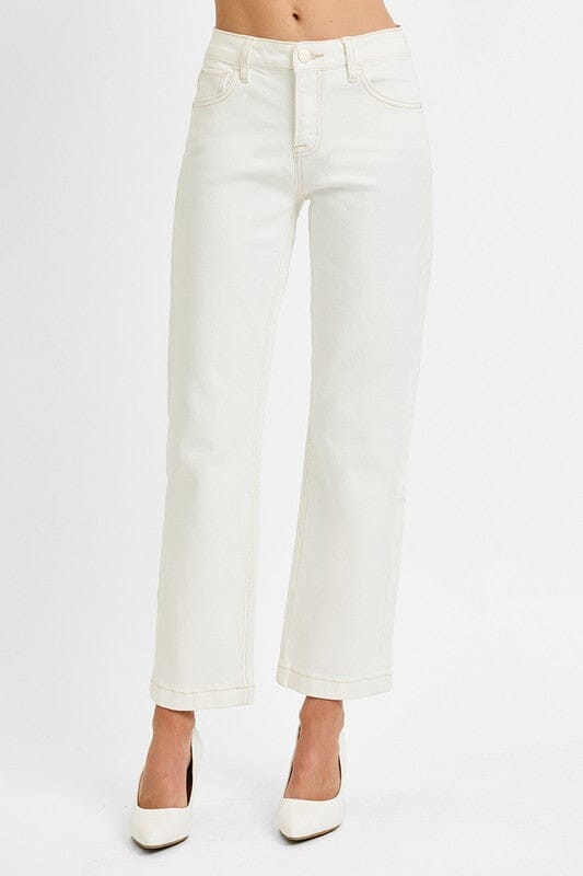 RISEN Cream Tummy Control Mid Rise Ankle Straight Jeans