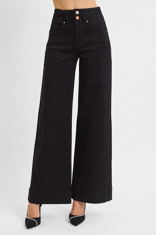 RISEN Black High Rise Ankle Wide Double Button Detail Jeans
