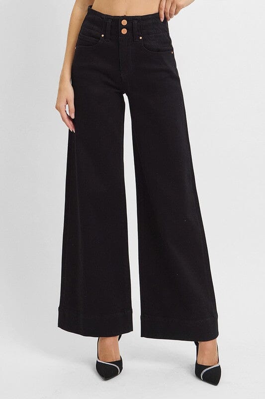 RISEN Black High Rise Ankle Wide Double Button Detail Jeans