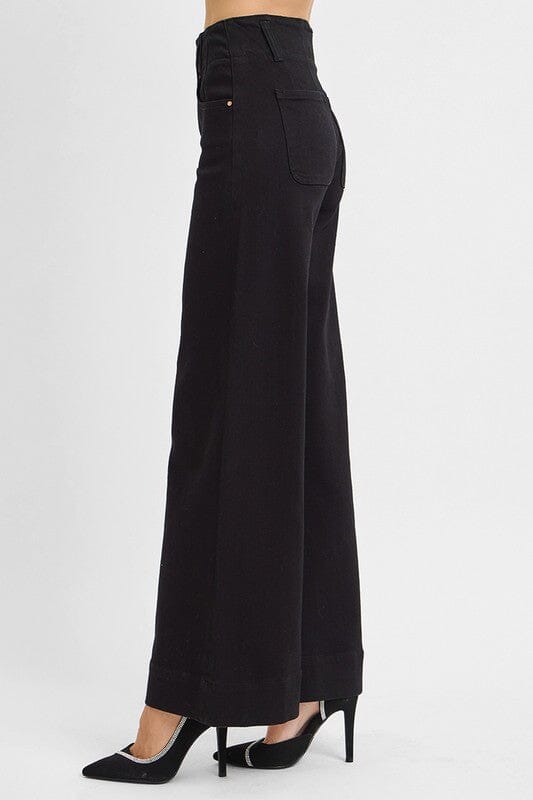 RISEN Black High Rise Ankle Wide Double Button Detail Jeans