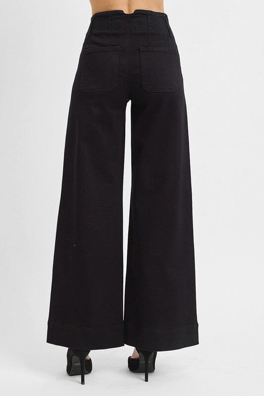 RISEN Black High Rise Ankle Wide Double Button Detail Jeans