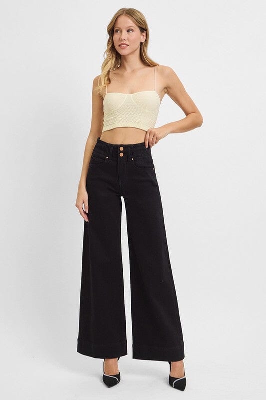 RISEN Black High Rise Ankle Wide Double Button Detail Jeans