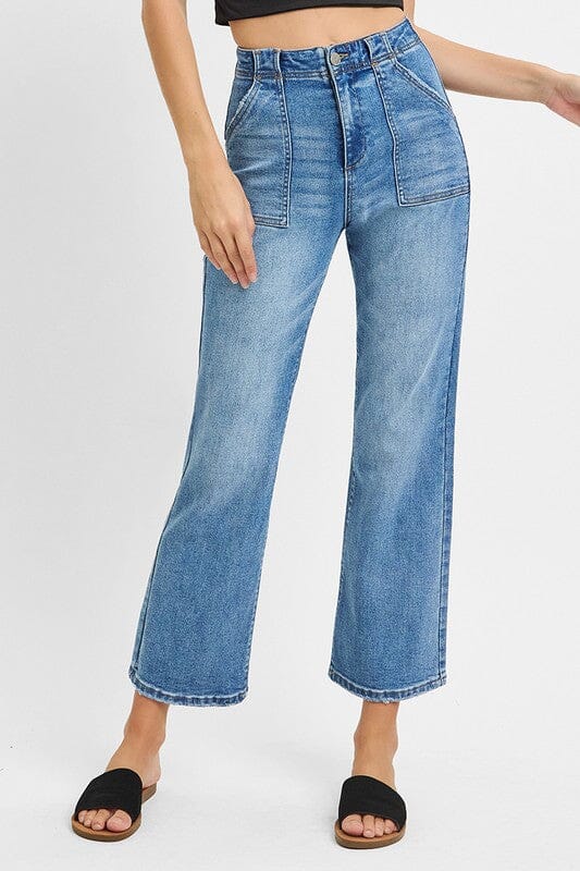 RISEN High Rise Ankle Flare Patch Pocket Jeans