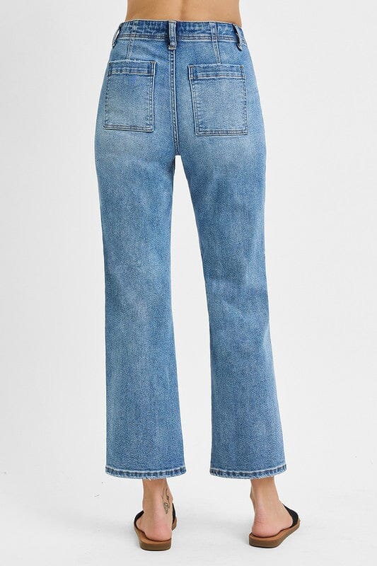 RISEN High Rise Ankle Flare Patch Pocket Jeans