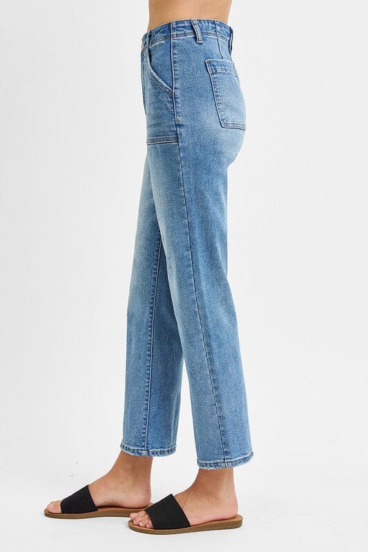 RISEN High Rise Ankle Flare Patch Pocket Jeans
