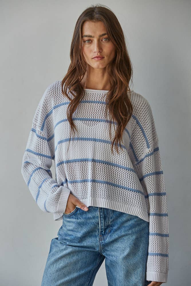 W2450 | Knit Cotton Acrylic Striped Round Neck Sweater: White Blue / S