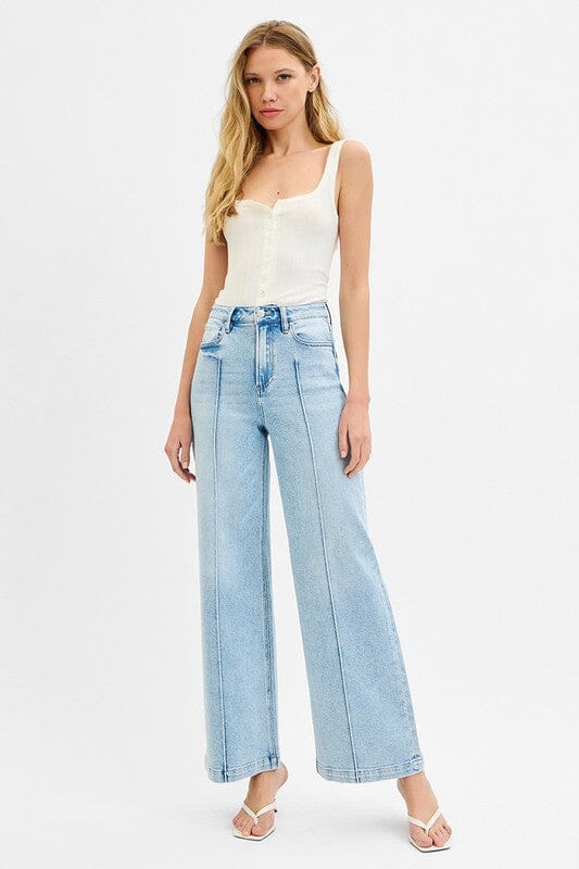 RISEN Light Wash High Waist Wide Leg Pintuck Detailed Jeans
