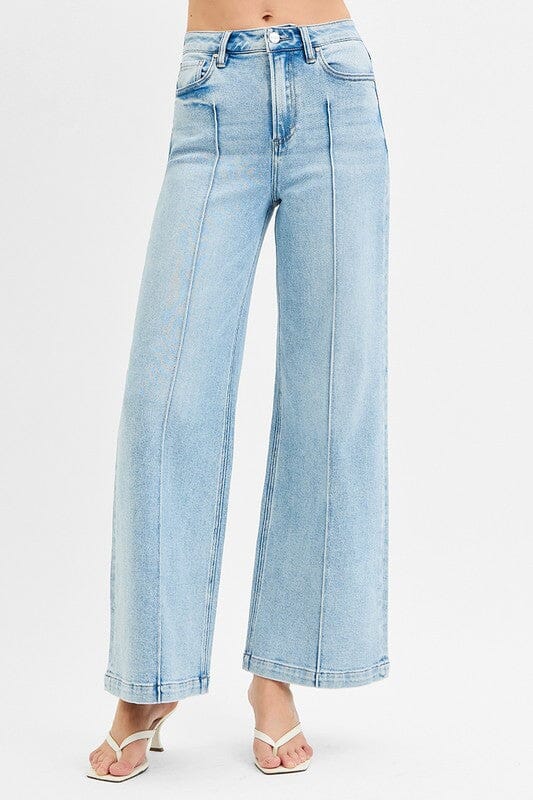RISEN Light Wash High Waist Wide Leg Pintuck Detailed Jeans