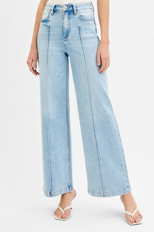 RISEN Light Wash High Waist Wide Leg Pintuck Detailed Jeans