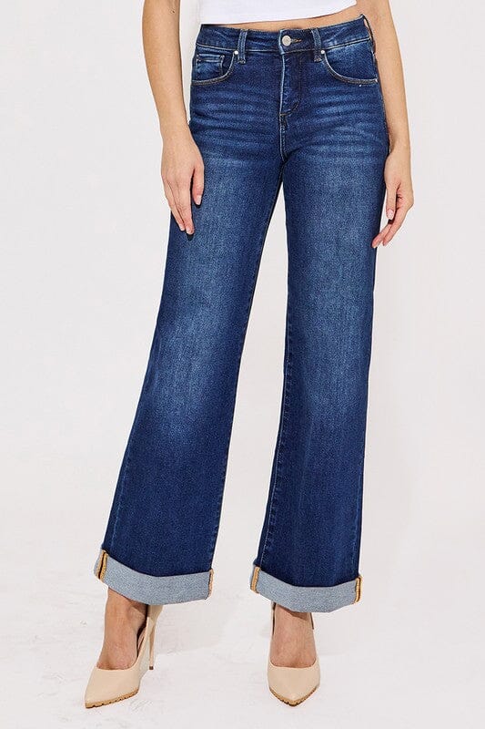 RISEN Dark Wash Tummy Control High Rise Wide Leg Cuffed Jeans