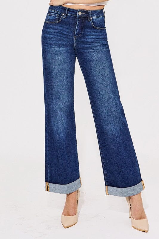 RISEN Dark Wash Tummy Control High Rise Wide Leg Cuffed Jeans