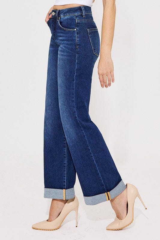 RISEN Dark Wash Tummy Control High Rise Wide Leg Cuffed Jeans