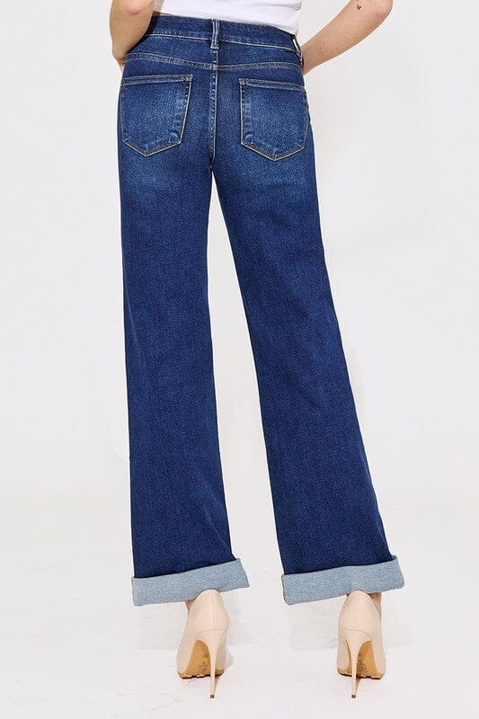 RISEN Dark Wash Tummy Control High Rise Wide Leg Cuffed Jeans