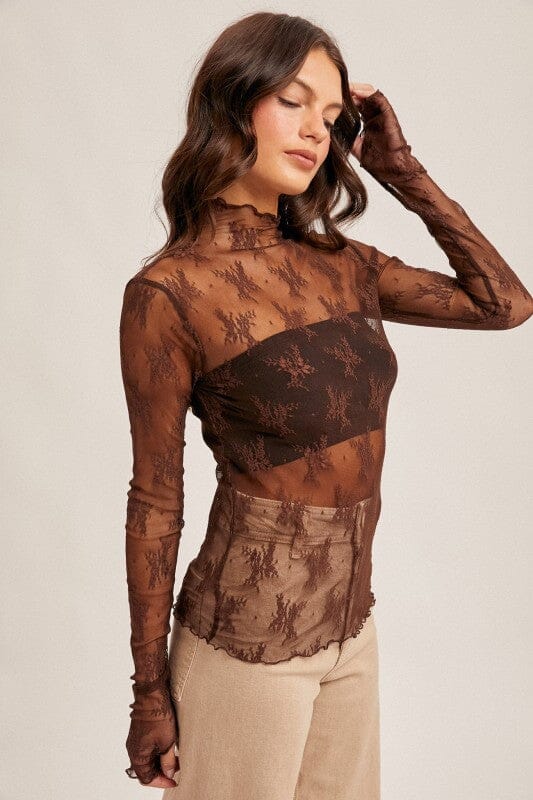 Chocolate Mock Neck Sheer Lace Top
