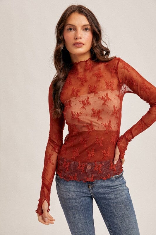 Brick Mock Neck Sheer Lace Top