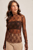 Chocolate Mock Neck Sheer Lace Top