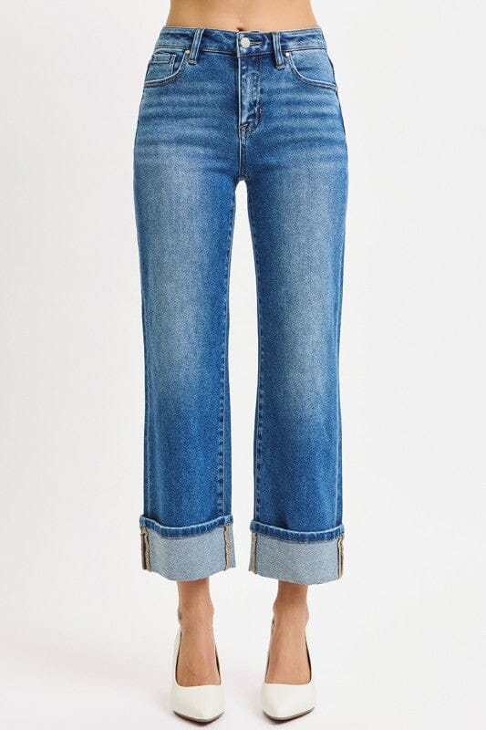 RISEN Medium Wash Mid Rise Crop Straight Cuffed Jeans