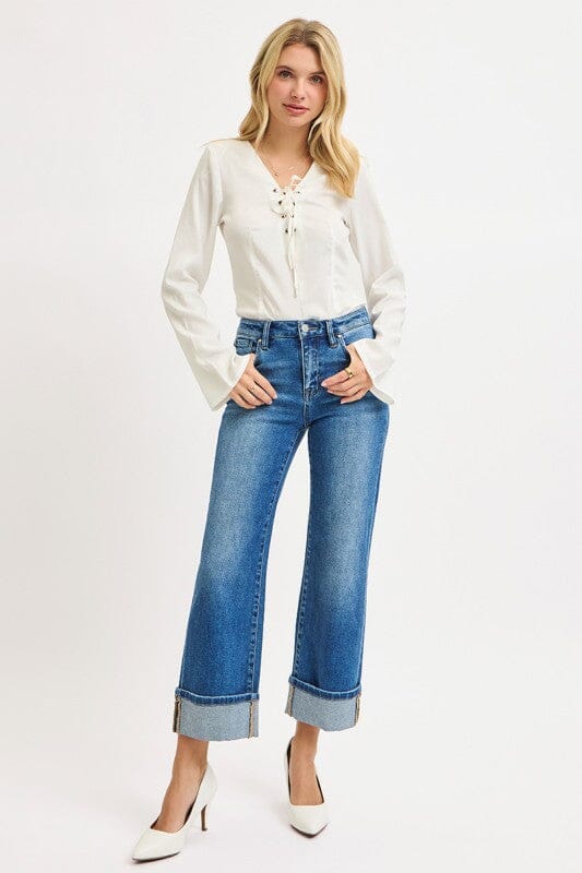 RISEN Medium Wash Mid Rise Crop Straight Cuffed Jeans