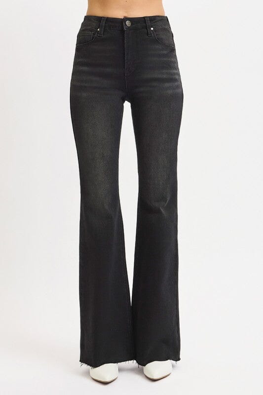 RISEN Black High Rise Flare Raw Cut Hem Jeans