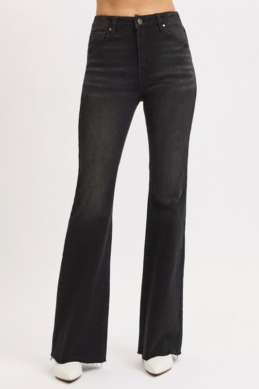 RISEN Black High Rise Flare Raw Cut Hem Jeans