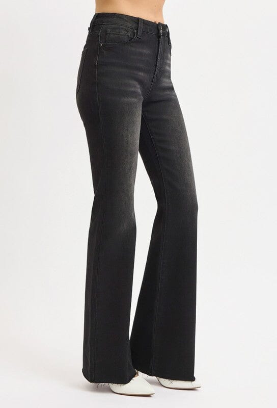RISEN Black High Rise Flare Raw Cut Hem Jeans