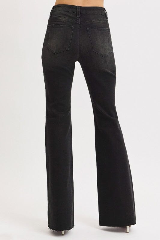 RISEN Black High Rise Flare Raw Cut Hem Jeans
