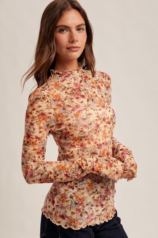 Floral Mesh Mock Neck Top