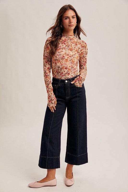 Floral Mesh Mock Neck Top