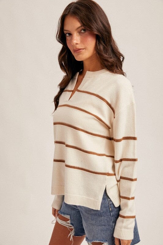 Mocha Stripe Split Neckline Sweater