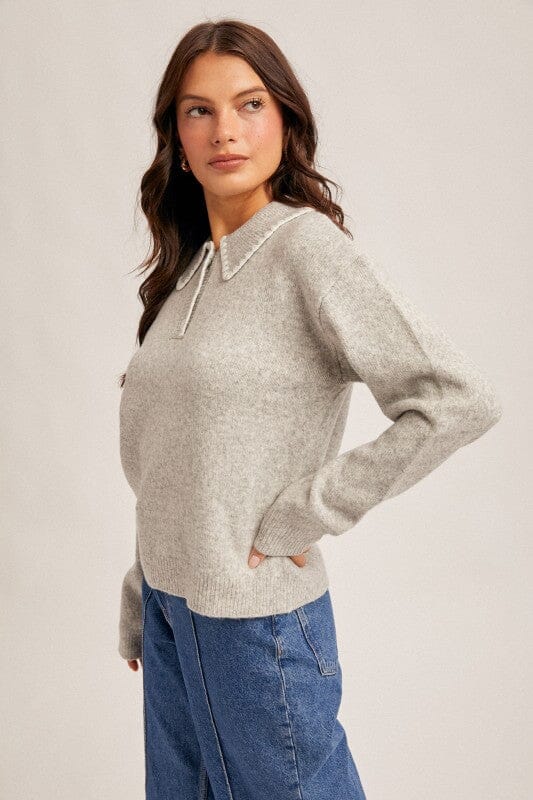 Gray Embroidered Polo Sweater