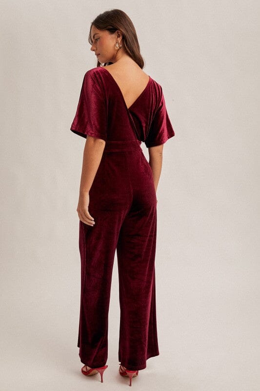 Burgundy Surplice Velvet Jumpsuit