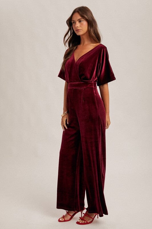 Burgundy Surplice Velvet Jumpsuit