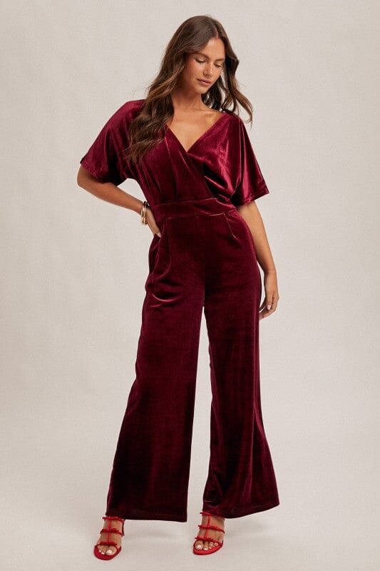 Burgundy Surplice Velvet Jumpsuit