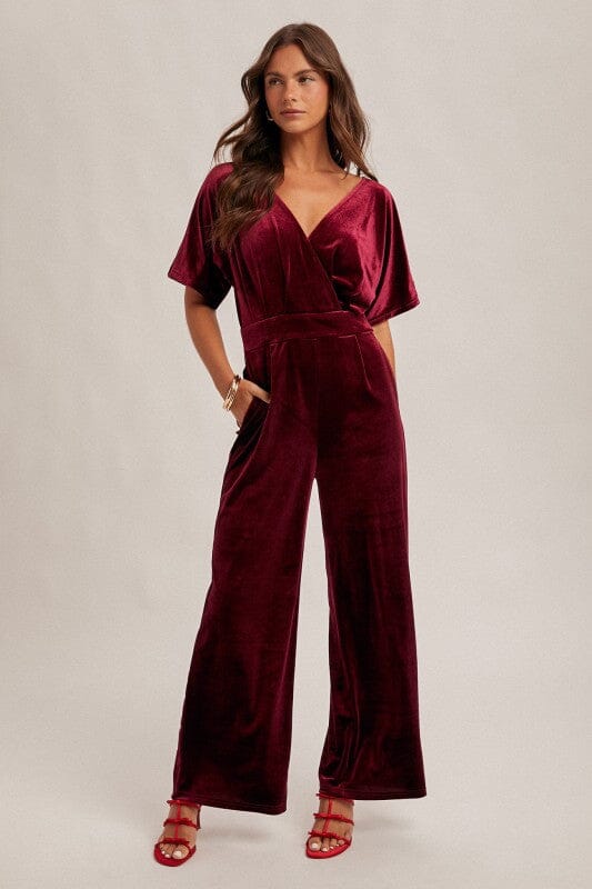 Burgundy Surplice Velvet Jumpsuit