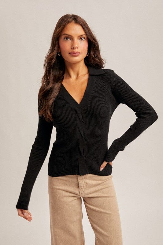 Black Front Twist Collard Knit Top