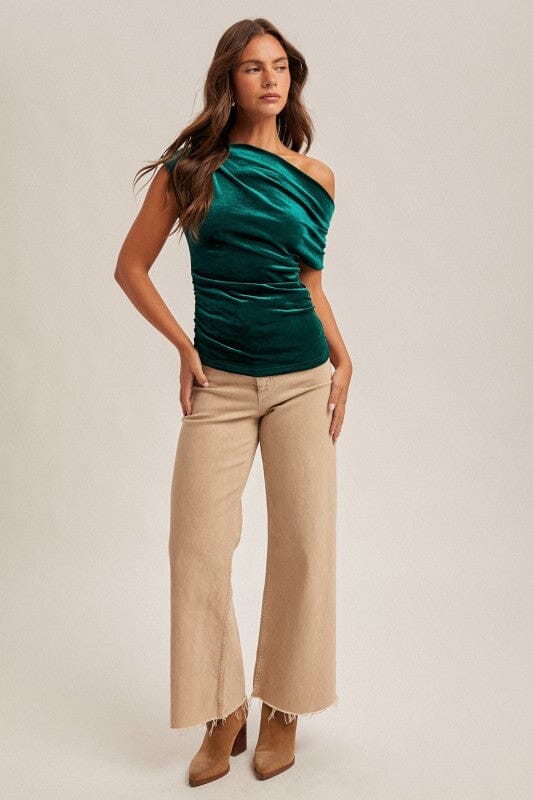 Hunter Green Asymmetrical Neckline Velvet Top