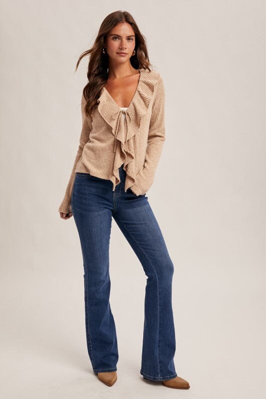 Taupe Ruffle Long Sleeve Rib Top