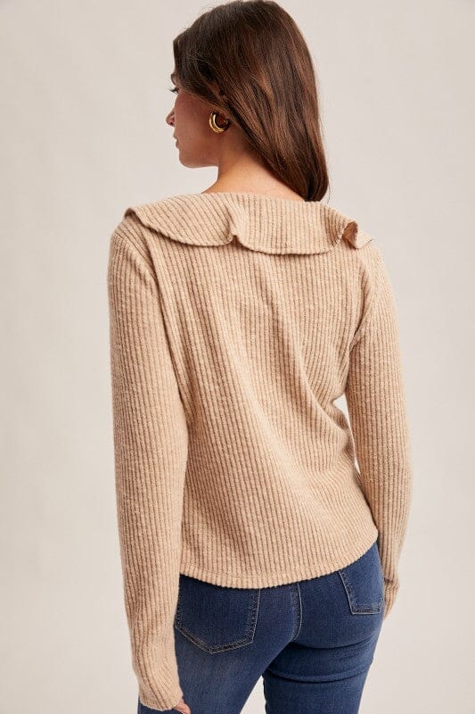Taupe Ruffle Long Sleeve Rib Top