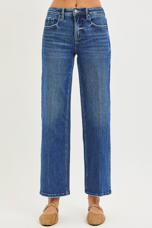 RISEN Sculpt & Straight: High-Rise Tummy Control Ankle Jeans - Dark Wash