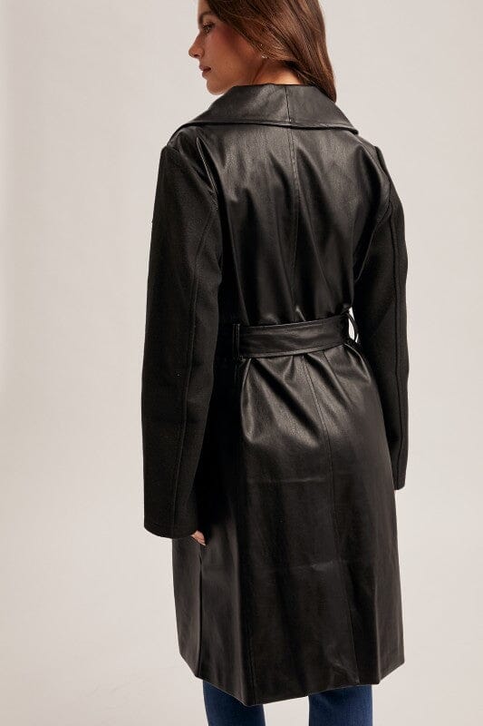 Mixed Faux Leather Belted Coat