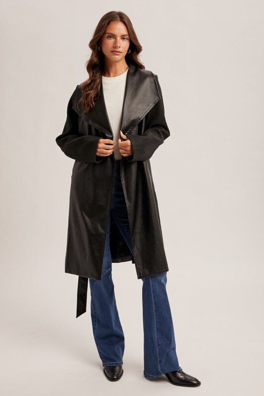 Mixed Faux Leather Belted Coat