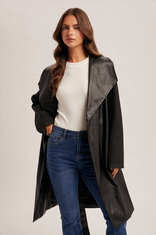 Mixed Faux Leather Belted Coat